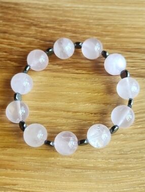 Pink Rose Quartz & Gray Hematite Beads Bracelet, Stretch, Hand Crafted